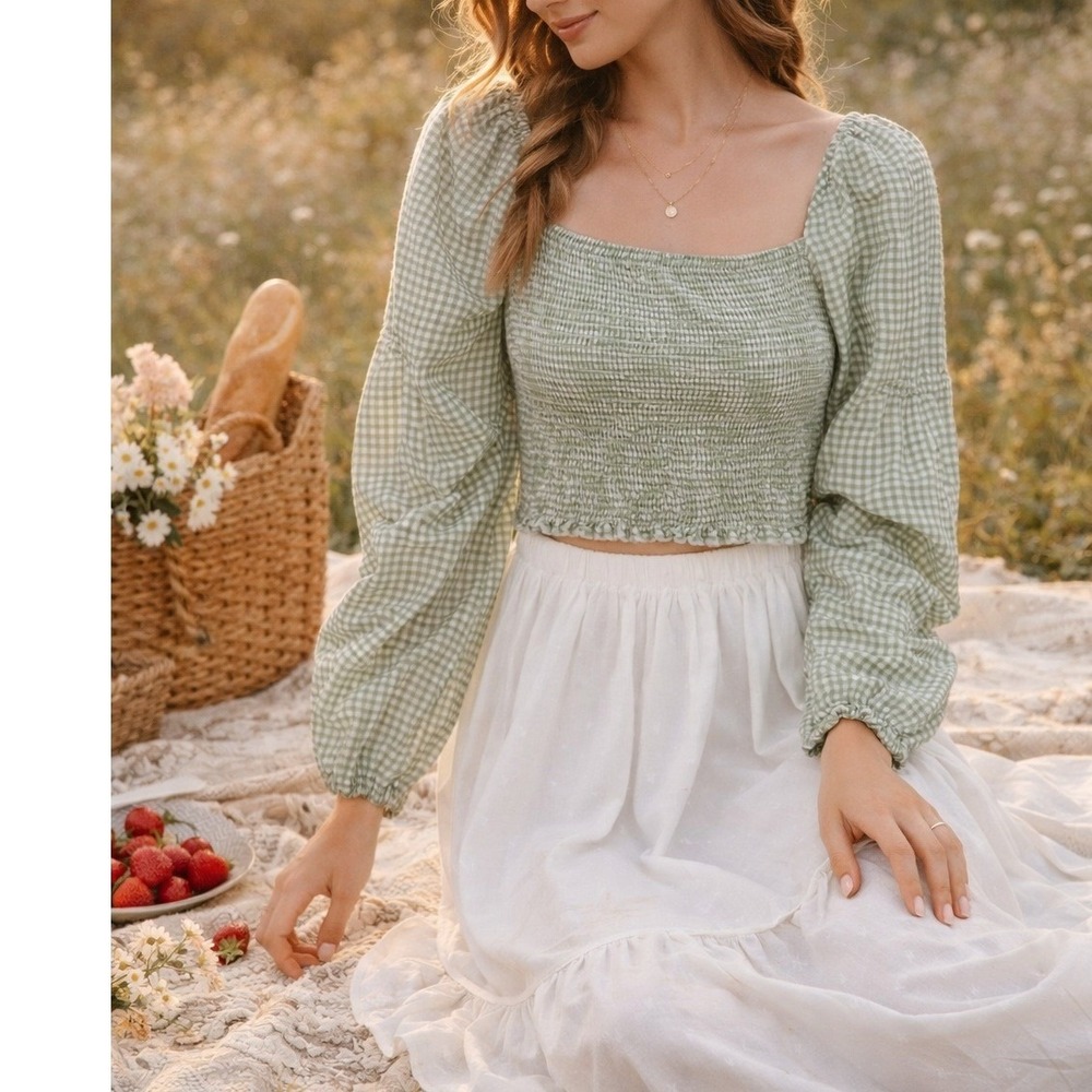 Japna Womens Smocked Gingham Cropped Blouse Size M Sage Green Puff Sleeve